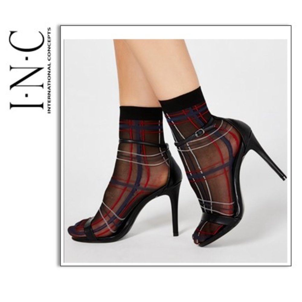 Inc Sheer Plaid Anklet Socks, Black Plaid (Black, One Size Fits Most) - Picture 2 of 8